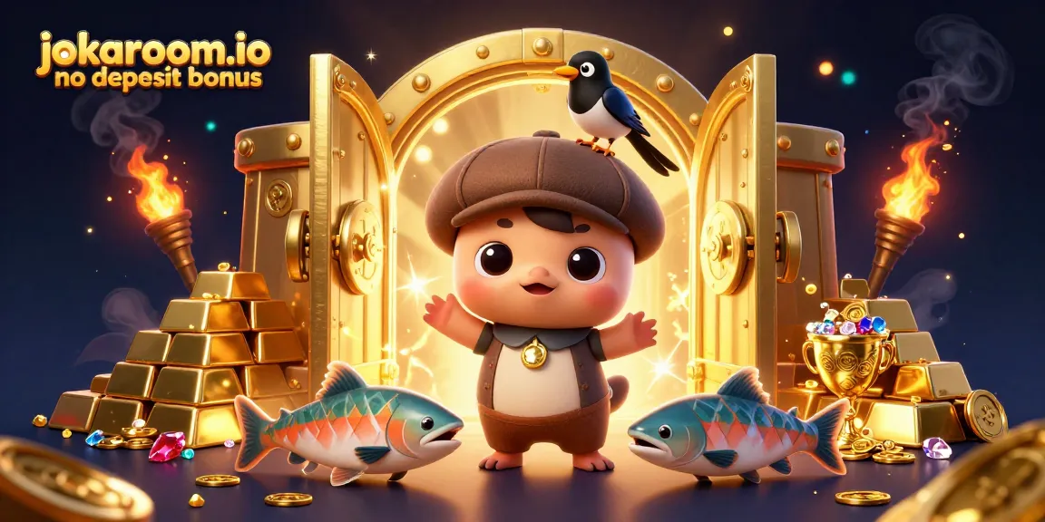 Experience the excitement of jokaroom.io no deposit bonus with a playful scene featuring cartoon characters and casino treasures.