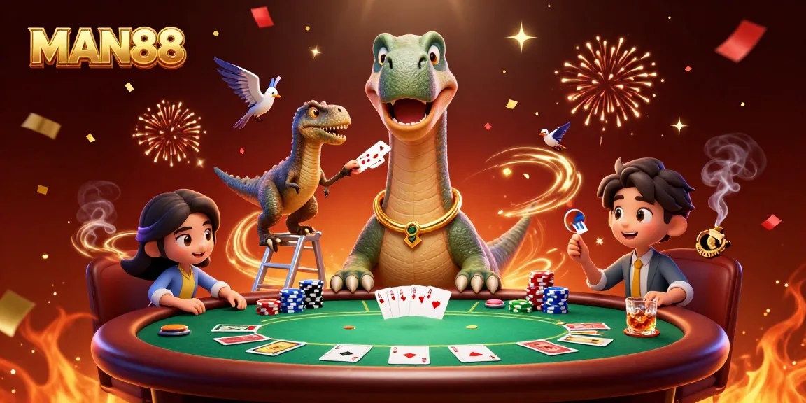 Experience thrilling poker action at MAN88 with a towering brontosaurus and clever raptor dealer.