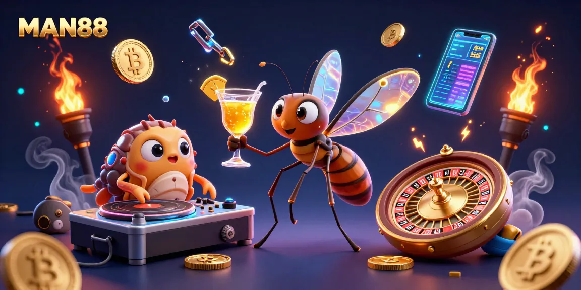 Experience the excitement of MAN88 with a dynamic casino scene featuring a mosquito mascot, trilobite DJ, and golden elements.