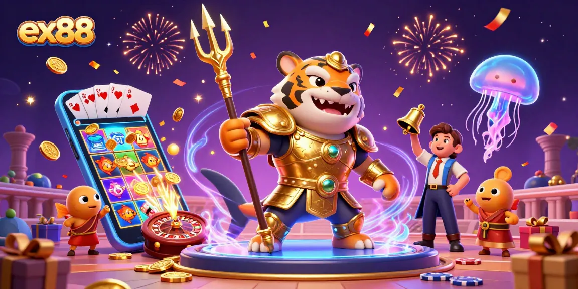 Experience the excitement of ex88 online gaming with a lively 3D casino scene showcasing vibrant slot games and engaging characters.