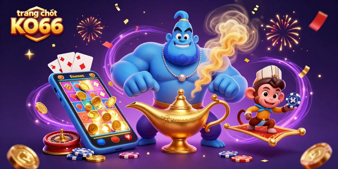 Experience gaming excitement at trang chủ KO66 with a vibrant 3D casino illustration featuring Genies, poker chips, and slot games.