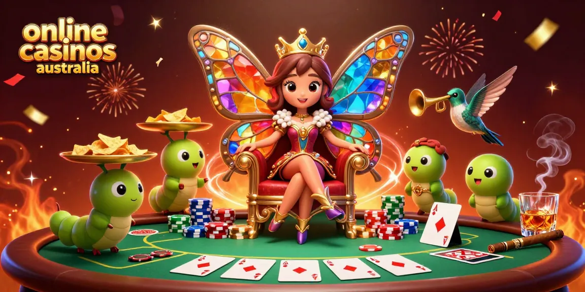 Engage with online casinos Australia through vibrant 3D digital art of a butterfly queen and poker elements.