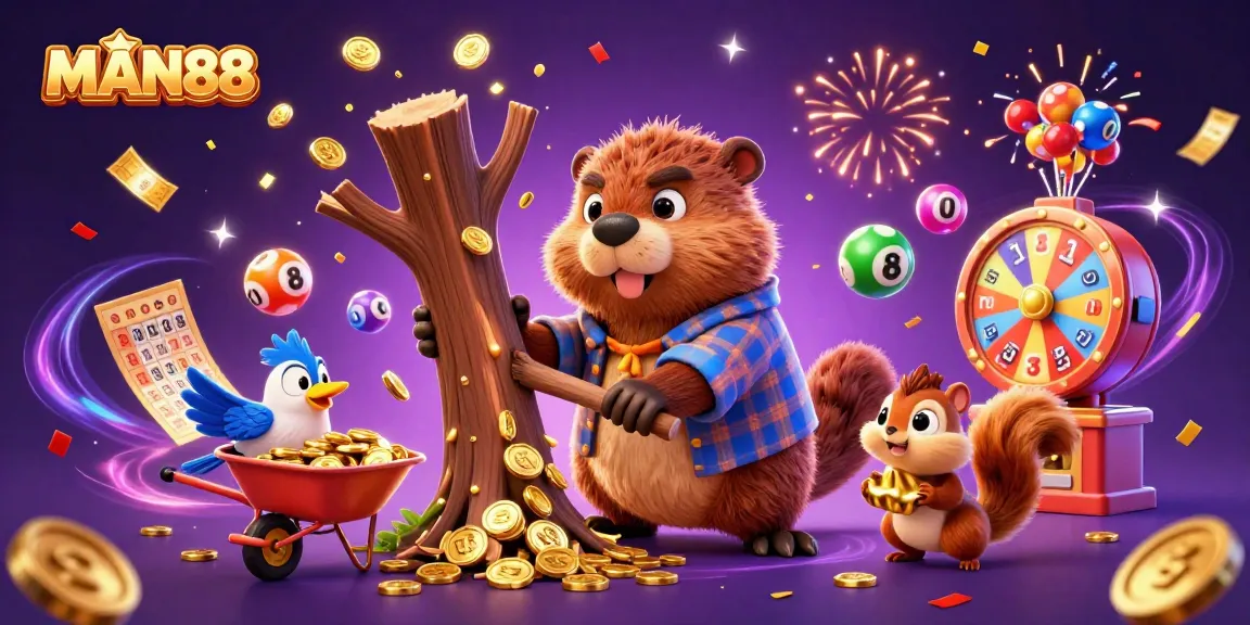 Experience the excitement of winning with MAN88's immersive 3D casino scene featuring vibrant characters and games.