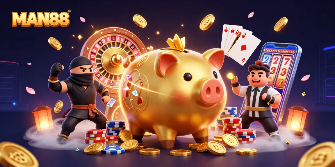 MAN88 brings excitement to gameplay with a golden piggy bank sumo wrestler amidst iconic casino elements.