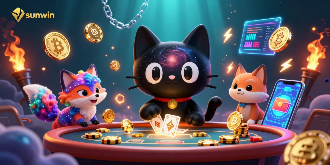Experience sunwin's vibrant games in a 3D cosmic casino with colorful characters and crypto elements.
