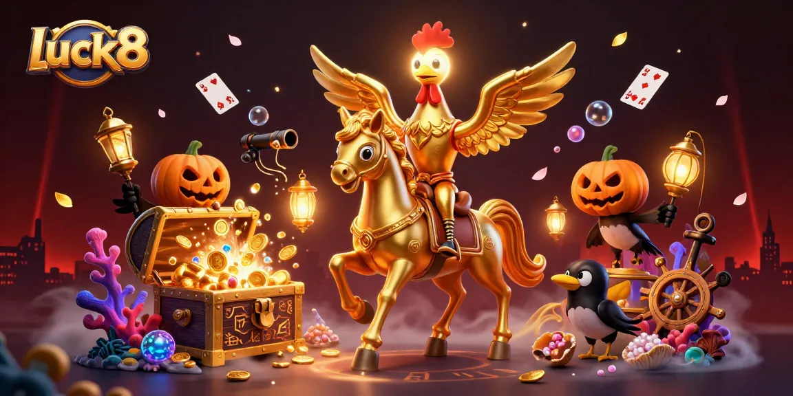Engage with luck8 in an exciting casino scene featuring a golden rooster and treasure-filled underwater elements.