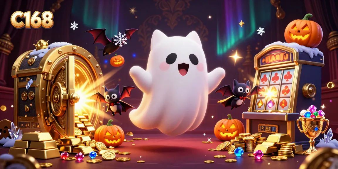 C168 engages players with a vibrant haunted casino scene featuring a ghost cat and glowing treasures.
