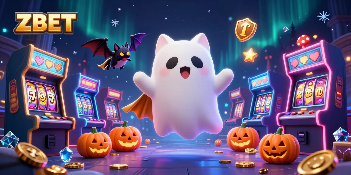 Play exciting slots at ZBET with a ghost cat and vampire bat in a vibrant casino scene.
