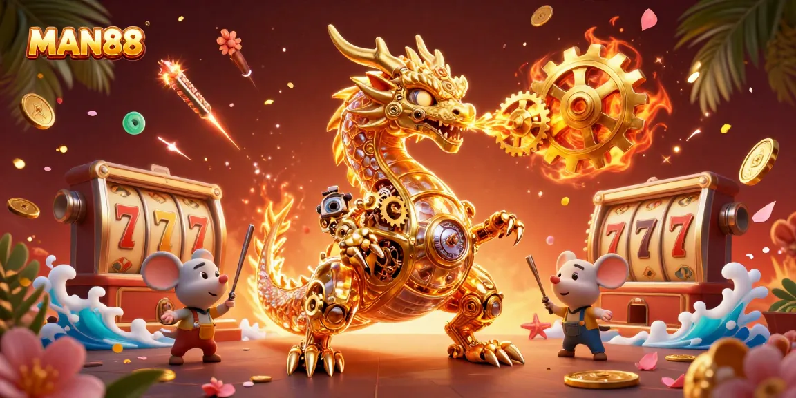 Experience the excitement of MAN88 with vibrant casino elements and a golden dragon in action.